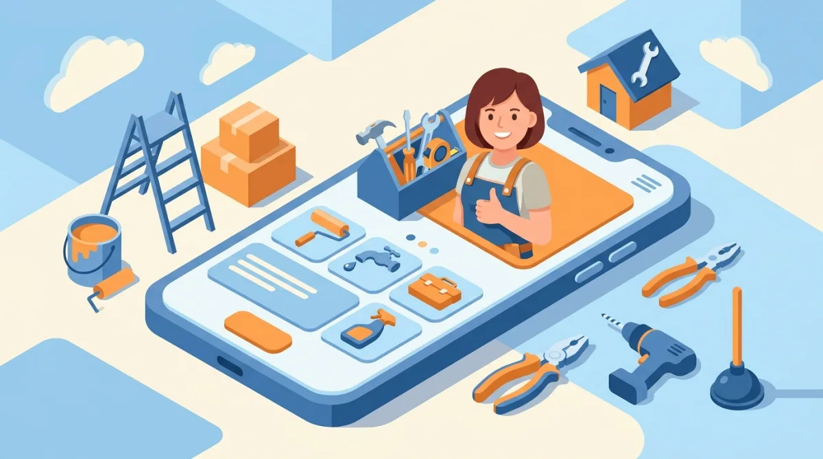 Illustration d'un compte de services à domicile sur smartphone avec un aide et des outils